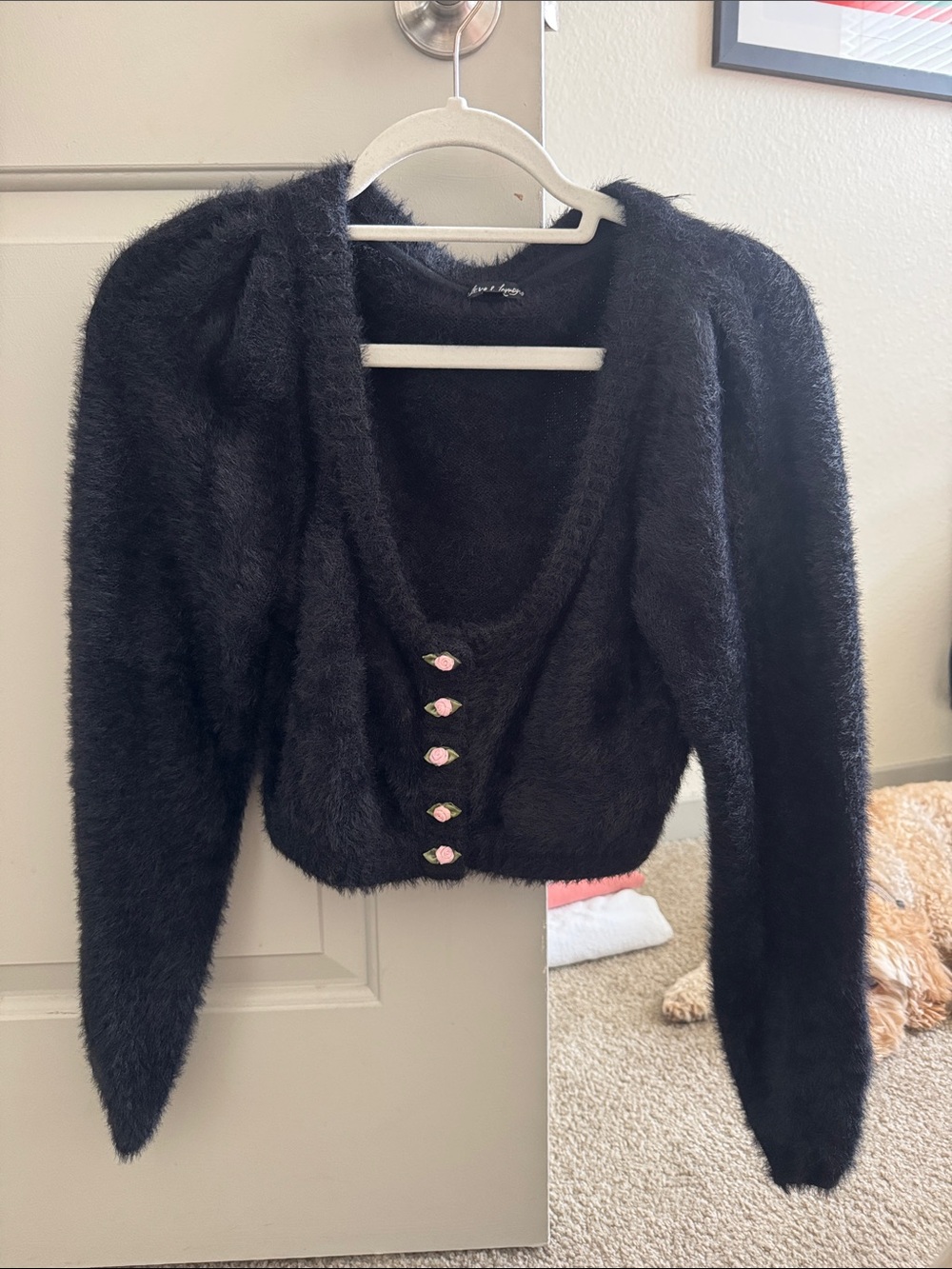For Love and Lemons Black Faux-Fur Cropped Cardigan with Pink Rose Buttons